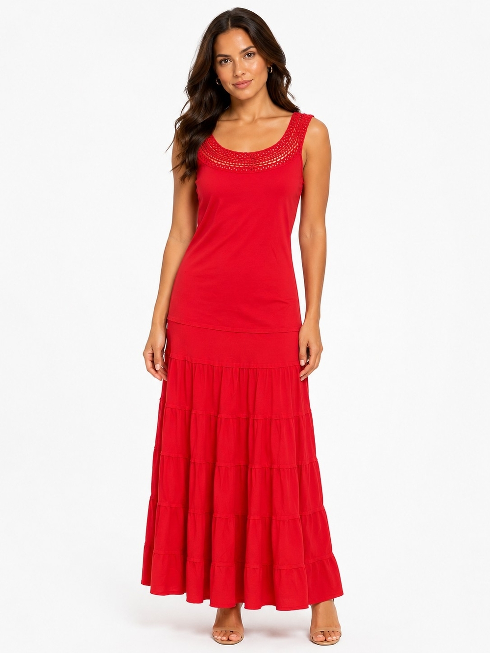 Jones Wear Red Cutout Scoop-Neck Tiered Maxi Dress
